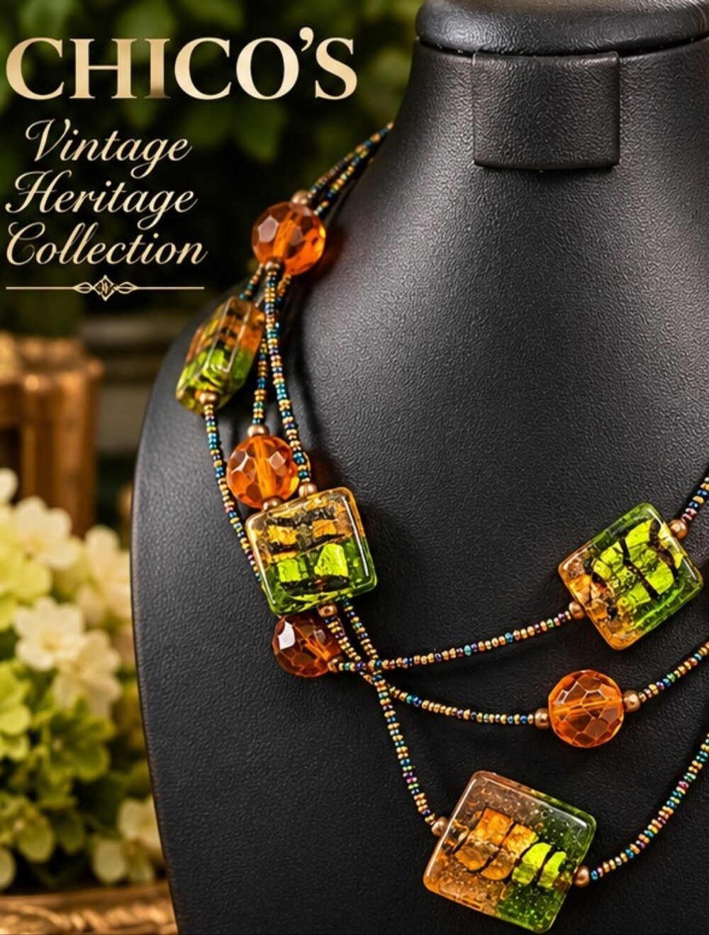 Chico’s Art Glass Multi Strand Statement Necklace Green Amber Iridescent Beads